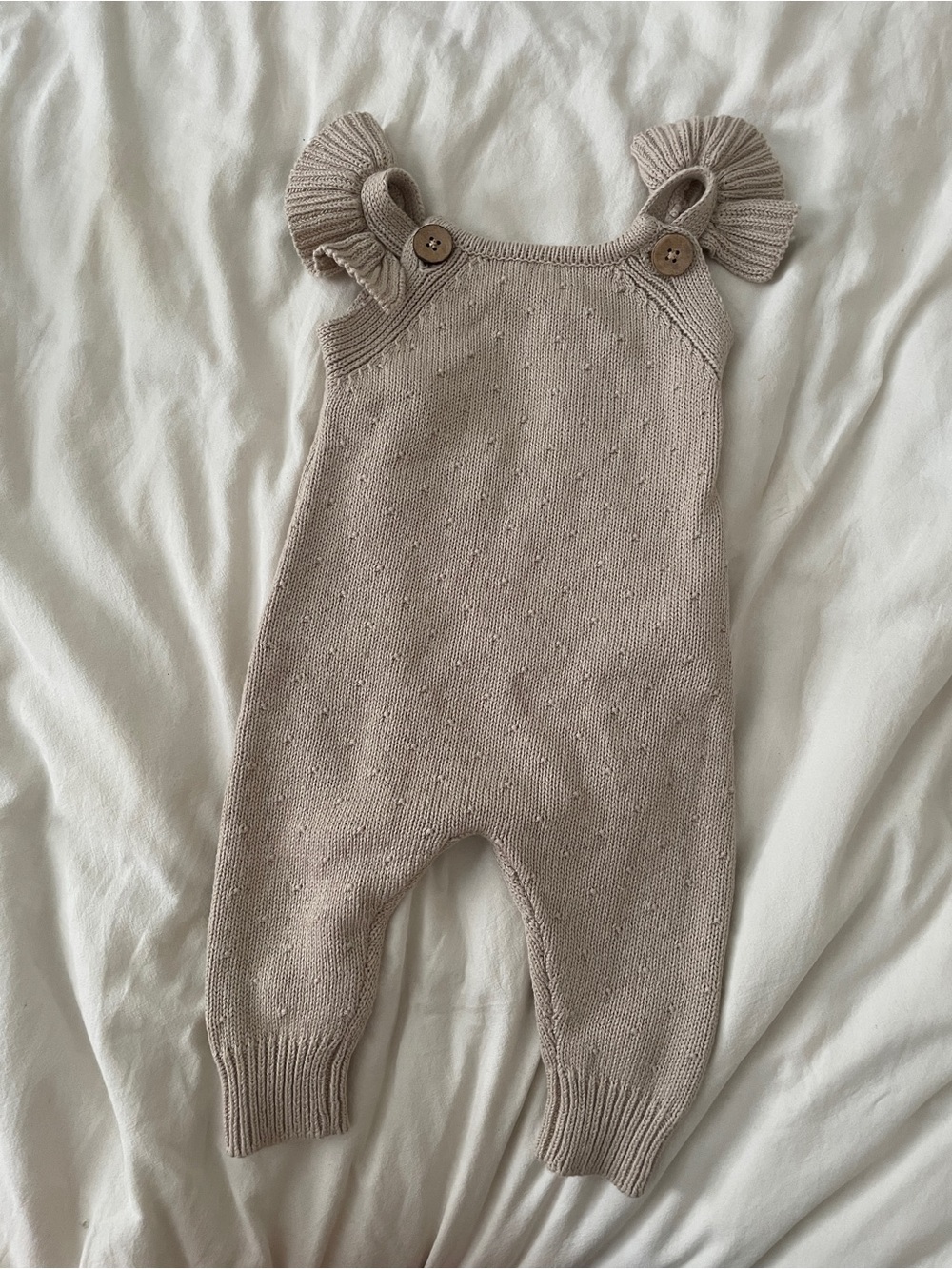 Beige Knit Baby Romper with Ruffle Straps, Baby 0-3M